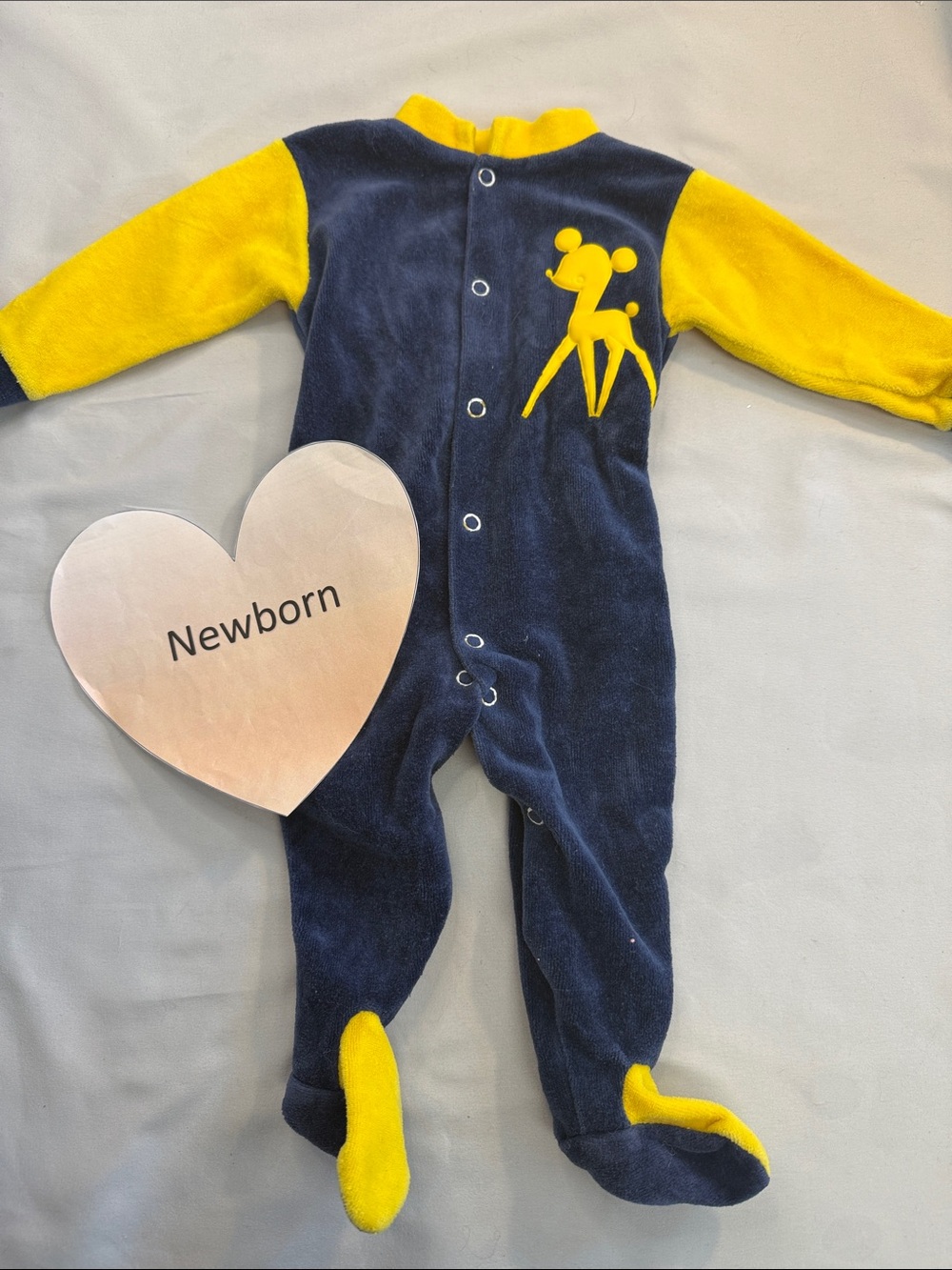 Baby’s Own Vintage Navy & Yellow Plush/Velour Baby Footed One-Piece